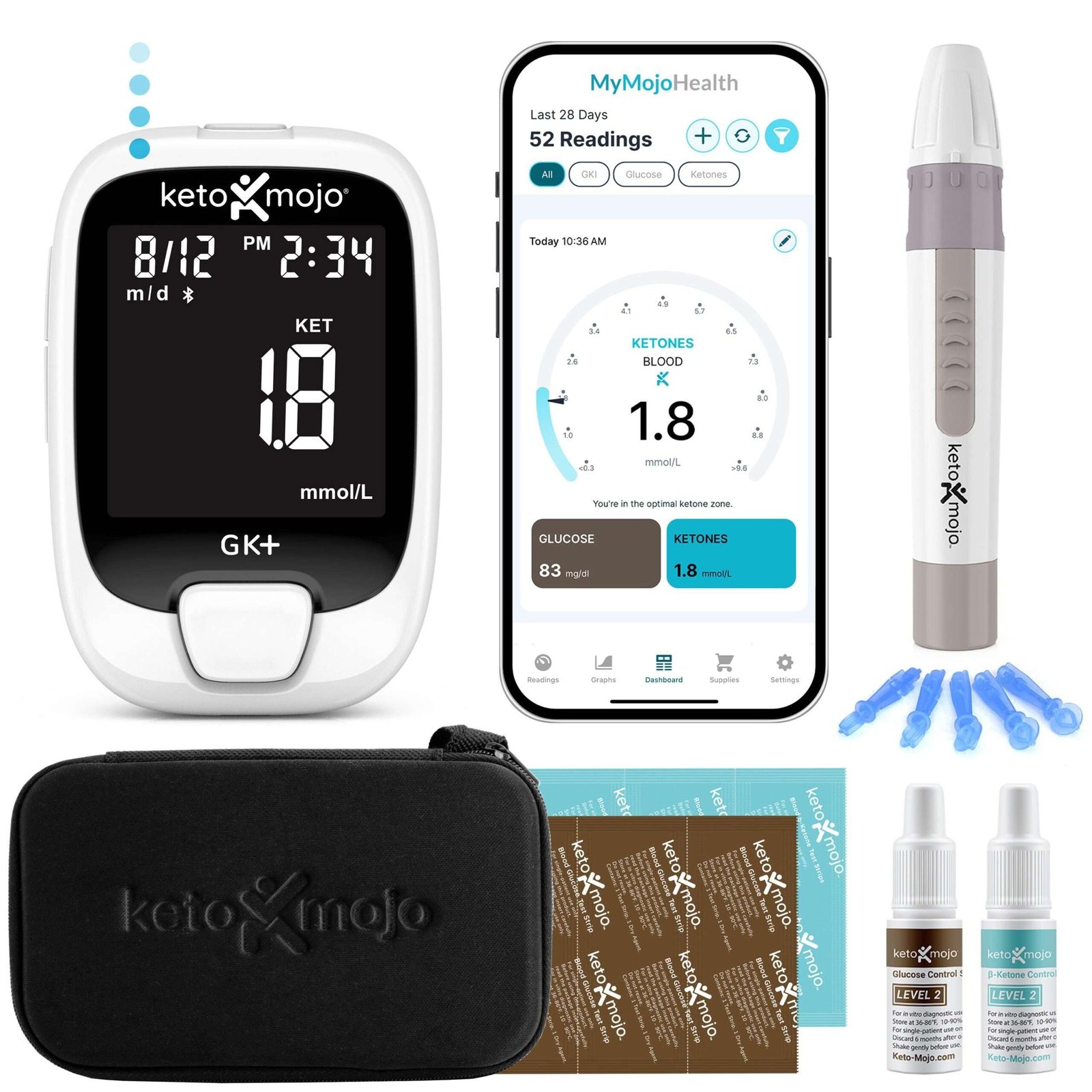 Blood glucose and ketone meter kit with lancing device, test strips and a companion phone app
