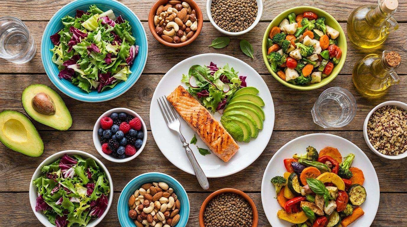 Overhead view of a balanced meal: grilled salmon with avocado and salad, roasted vegetables, berries, nuts, lentils and quinoa