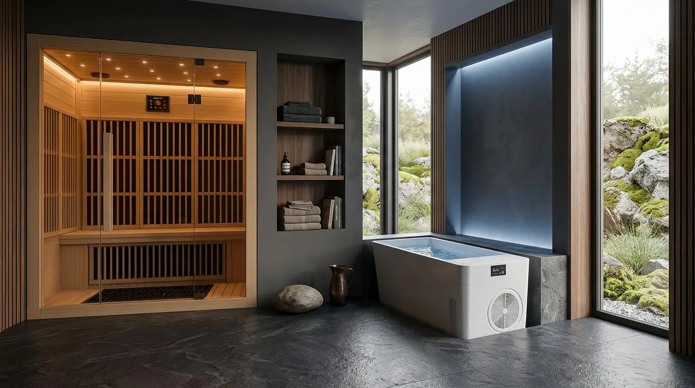 Modern recovery suite with a wooden sauna and a cold plunge tub beside large windows